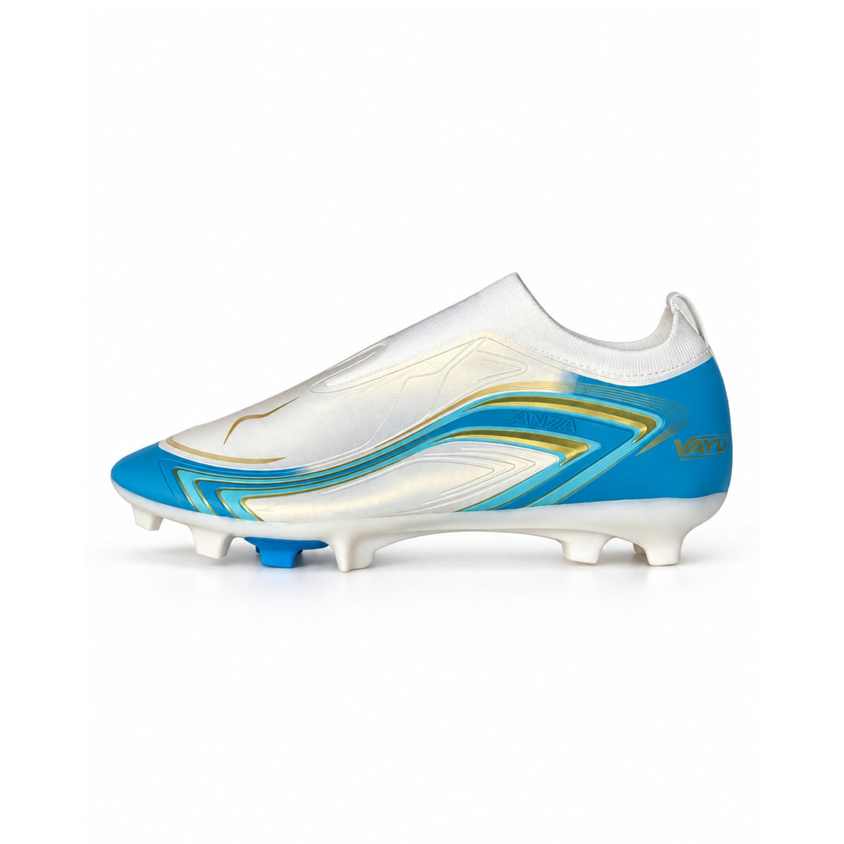 ANZA Vayu Laceless Soccer Boots – White, Blue & Gold