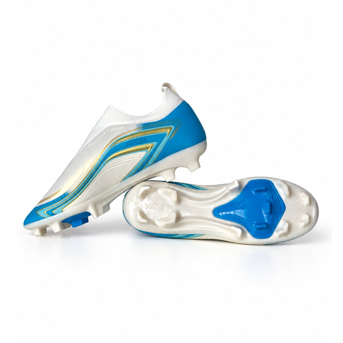 ANZA Vayu Laceless Soccer Boots – White, Blue & Gold