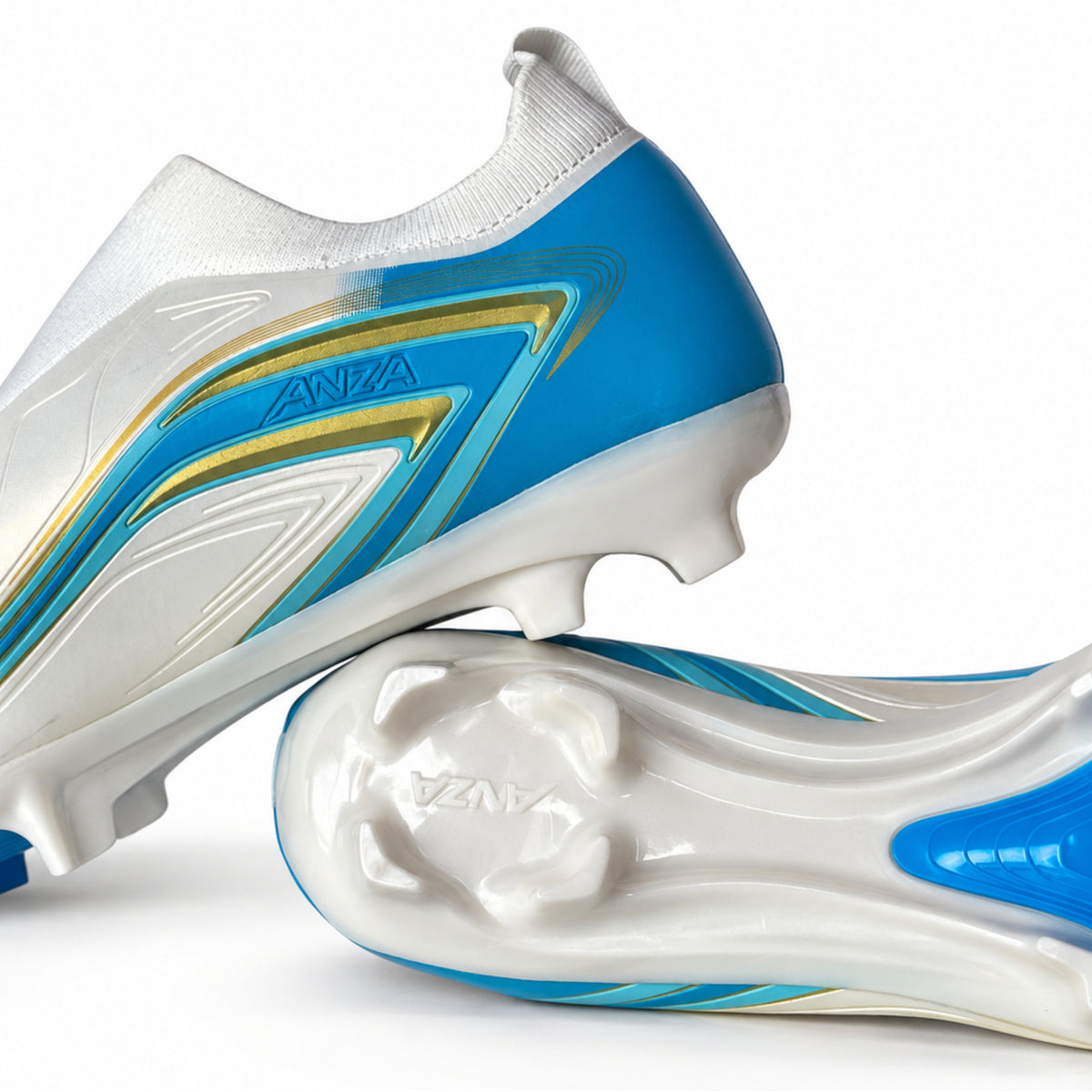 ANZA Vayu Laceless Soccer Boots – White, Blue & Gold